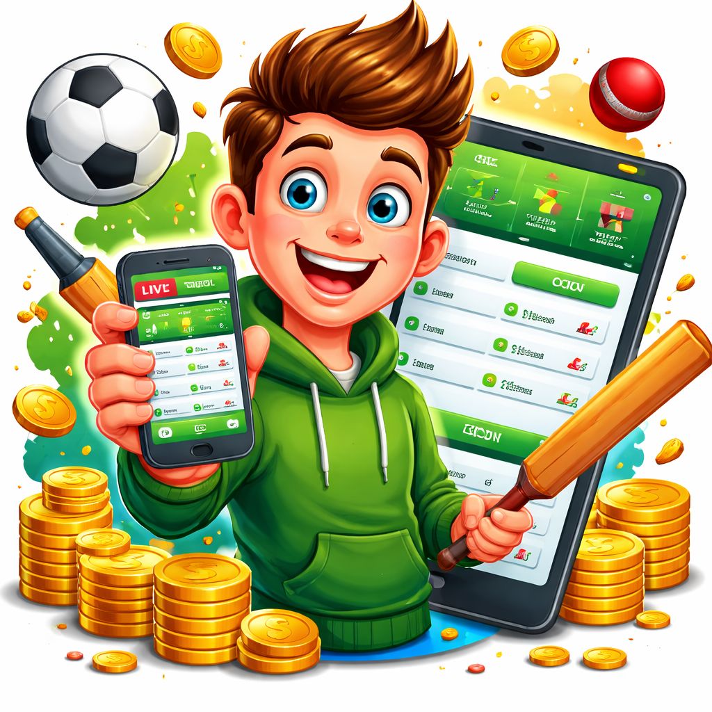 mv44 themed cartoon betting character with sports icons and coins