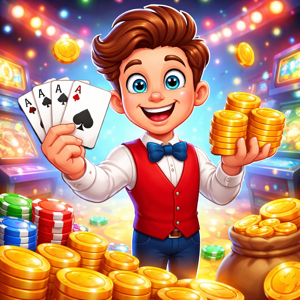 mv44 casino themed cartoon characters with chips, cards, and coins