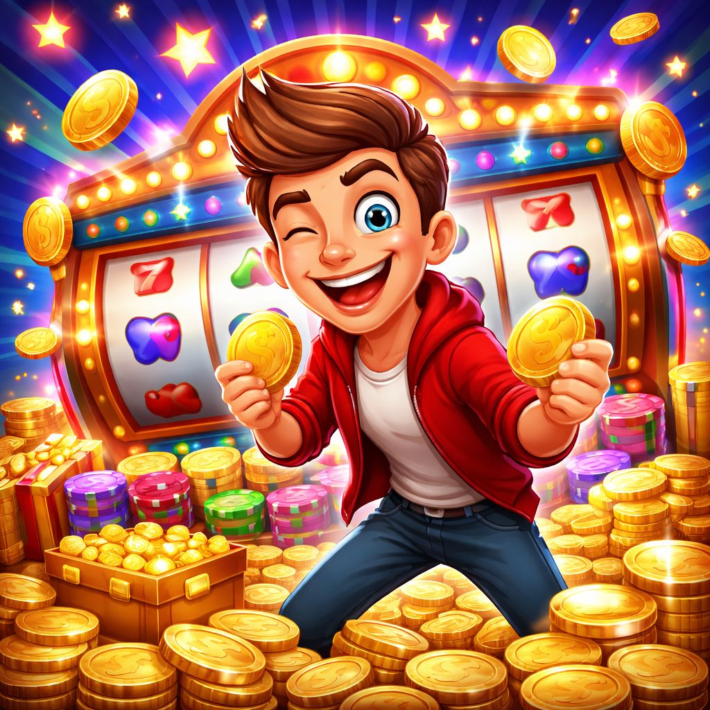Cartoon slot-themed character with reels, coins, and bright game symbols